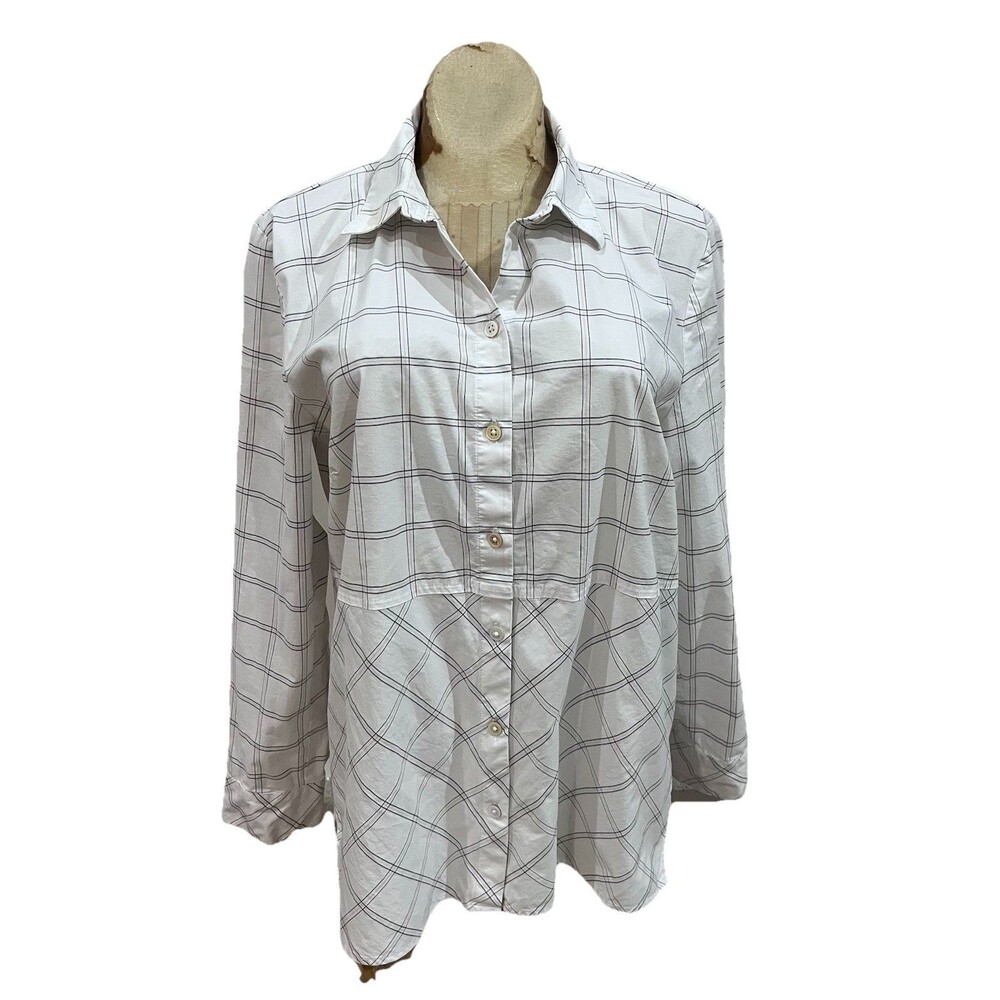 J Jill Women White Black Red Long Sleeve Collar Cotton Blend Tunic Blouse Medium
